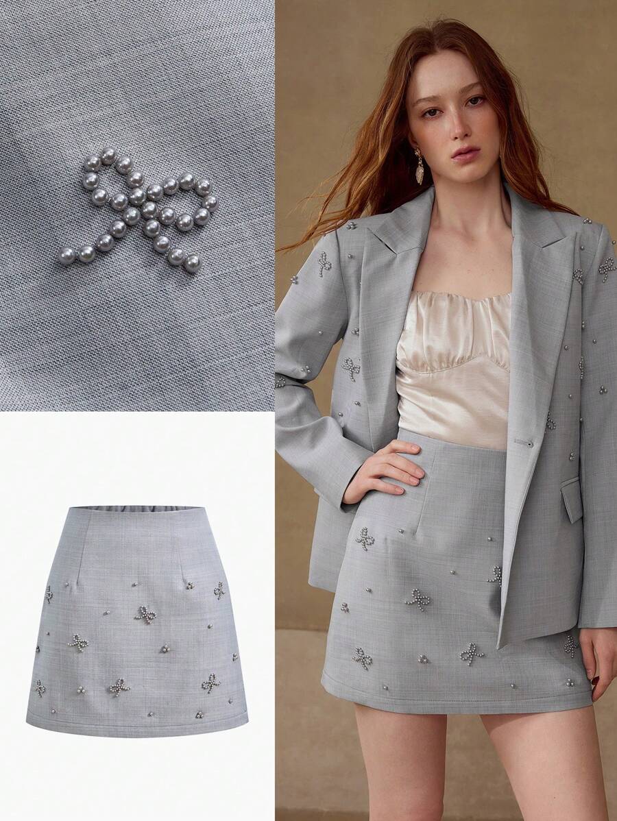 MOTF PREMIUM BOW BEADED ZIPPER SKIRT - Light Grey - View 1