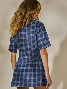Aralina Váy ngắn tay cài nút phía trước ôm vừa vặn, xòe nhẹ, phong cách Stockholm Y2K, chất liệu denim gingham, họa tiết kẻ caro, mùa hè thu đông - Rửa trung bình - Xem 2