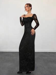 Aloruh 女士新款性感S形蕾丝长袖紧身胸衣美人鱼连衣裙，适合派对、约会、晚会 - 黑色 - 查看 4