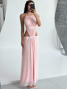 Aloruh Romantic Date Party Pink Medical Patchwork Backless Sexy Extra Long Mesh Women Dress - Baby Pink - View 5