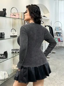 GalTyme 大码女式复古做旧酸洗圆领半拉链长袖T恤，秋冬