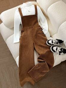 SHEIN Bộ đồ liền thân 2 món vải nhung kẻ sọc có nút cài điều chỉnh được cho bé gái mùa thu/đông, quần yếm màu trơn dệt kim và áo thun cổ lọ tay dài ôm vừa vặn, màu nâu, phù hợp mặc thường ngày, ngày lễ, ở nhà, trở lại trường - màu nâu - Xem 6