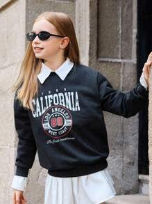 SHEIN Streecool Tween Girl 女童休闲连帽衫，舒适时尚百搭运动设计，简约字母印花水洗色圆领运动衫，秋冬 - 黑色 - 查看 4