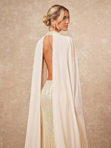 Lumalex 2025新款夏季海滩度假复活节波西米亚风格海滩户外婚礼派对成人毕业派对优雅奢华杏色亮片雪纺飘逸垂坠领修身鱼尾下摆连衣裙女 - 杏色 - 查看 10