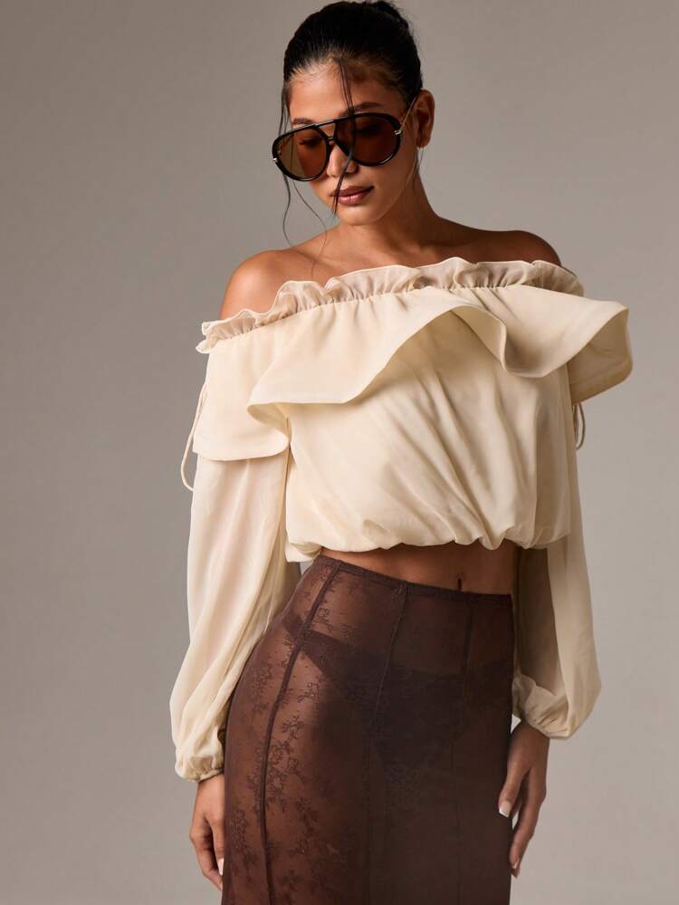 Off Shoulder Ruffle Blouse With Balloon Sleeves