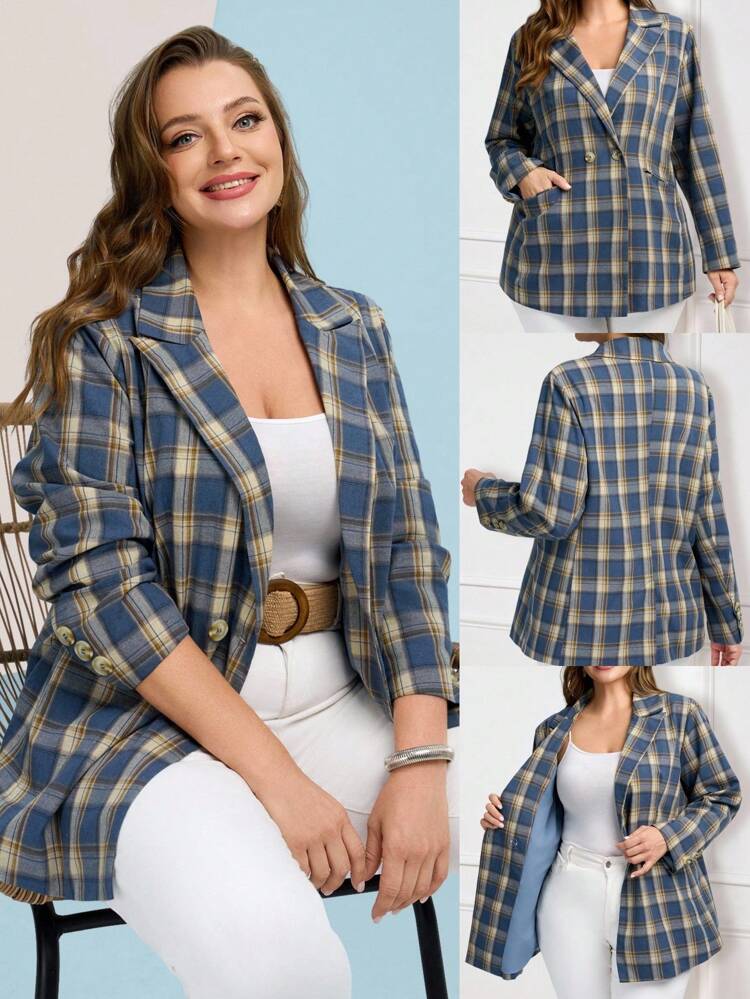 Blazer croisé à carreaux bleus avec poches pour femmes grandes tailles, simple et à la mode pour un port quotidien, sortie, automne/hiver, décontracté chic, bureau, enseignant