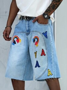 Manfinity EMRG Men's Denim Shorts With Wide Legs And Fun Dopamine Logo, Suitable For Parties And Music Festivals - Light Wash - View 1