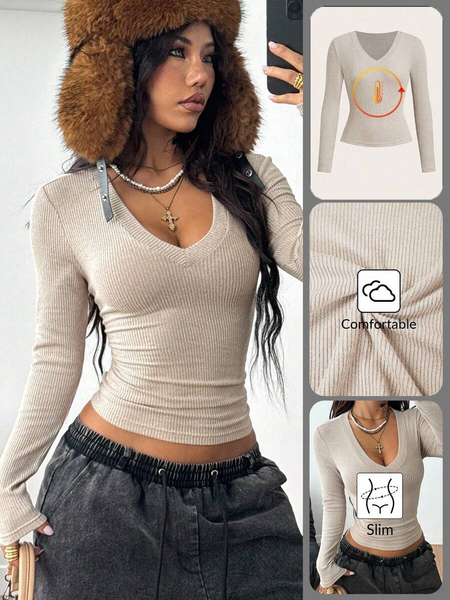Coolane 女式秋冬街头服饰文艺复兴博览会基本款罗纹针织保暖/寒冷天气/保暖弹力长袖 V 领 T 恤 - 棕色 - 查看 1