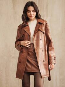 Anewsta Abrigo minimalista y elegante de mujer de doble botonadura, marrón y brillante, de longitud media. Chaqueta cortavientos para mujer, otoño/invierno - Café integral - Ver 9