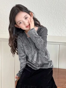 DAZY Young Girl' Velvet Texture Korean Style Long Sleeve T-Shirt, Autumn/Winter - Grey - View 5