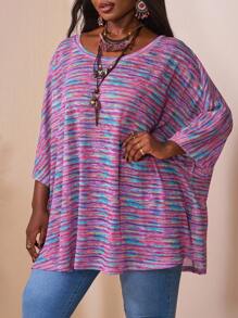 SHEIN CURVE+ 大码休闲度假彩色花卉开衩下摆3/4袖宽松T恤女秋装，冬季，CURVE PLUS/秋冬 - 彩色 - 查看 1