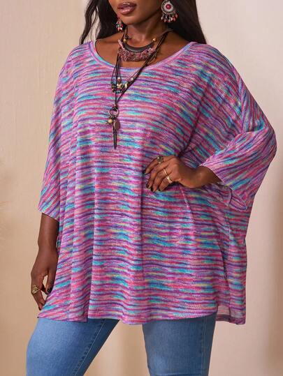 SHEIN CURVE+ Plus Size Casual Vacation Colorful Floral Split Hem 3/4 Sleeve Loose T-Shirtfall Clothes For Women,Winter,CURVE PLUS/Autumn /Winter