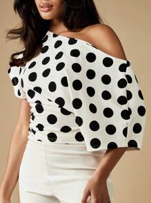 MISSGUIDED Polka Dot Print One Shoulder Puff Sleeve Blouse Elegant Evening Party Top Classic Black White Office Wear Feminine Fashion - Black and White - View 6