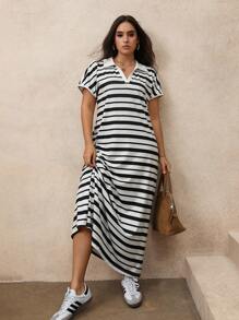 Juhart Plus Size Women's Knit Regular Spring/Summer Casual/Work Black & White Striped Contrast Color Short Sleeve Dress