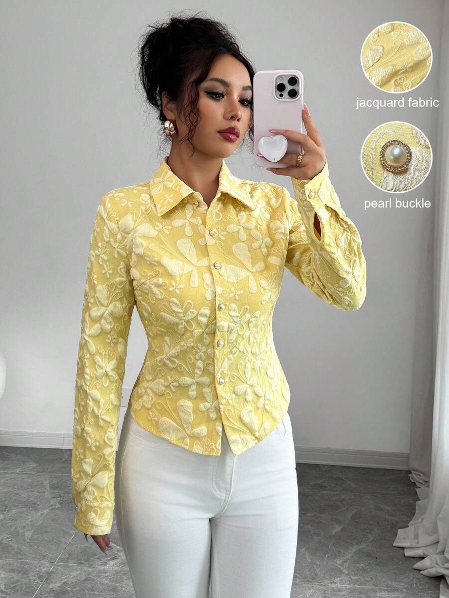Elenzga Áo sơ mi Jacquard họa tiết trơn màu thời trang thanh lịch dành cho nữ, áo cánh dài tay cổ bẻ cài nút, phù hợp mặc hàng ngày và hẹn hò - Màu vàng - Xem 1