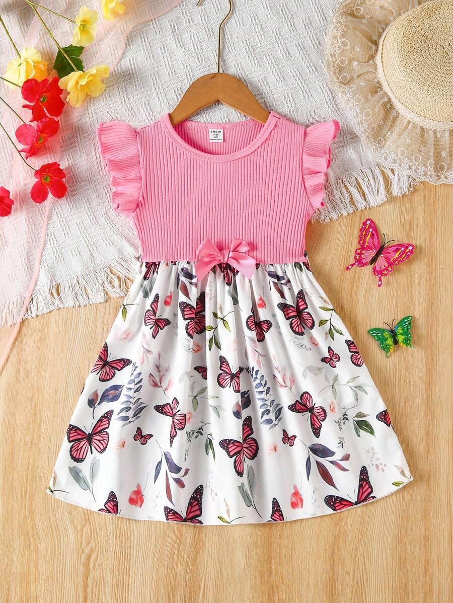 SHEIN Young Girl Butterfly & Plant Print Belted Dress