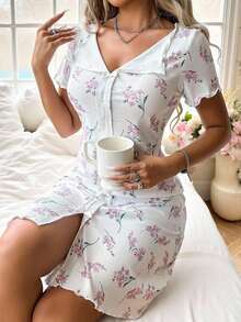 CottageSlumber Romantic-Flora Women's Knit Collar Bow Decor Romantic Floral Print Short Sleeve Nightgown Women Pajama Gown Women Pajama Dress Women Sleepwear Women Floral Sleepwear Floral Pajama Dress  Cozy And Elegant Details - Multicolor - View 7