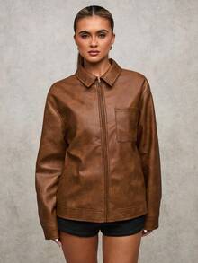 SHEIN BAE 女士纯色拉链休闲百搭长袖夹克棕色仿皮斑驳纹理腰带下摆机车夹克复古做旧皮革冬季女式夹克感恩节女式冬季女式外套圣诞节女式圣诞冬季夹克 - 鏽棕色 - 查看 7