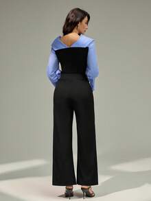 Modelyn Conjunto de 2 Peças Elegante Feminino com Nó de Bambu na Cintura, Design da Moda, Adequado para Primavera, Verão, Outono - Preto - Visão 3