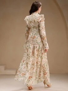 Anewsta Đầm maxi dài tay, thanh lịch kiểu Pháp lãng mạn, xếp ly eo, ren rỗng, in hoa dành cho nữ, thích hợp cho buổi hẹn hò lãng mạn ngày Valentine. - Nhiều màu - Xem 5