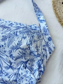 SHEIN 少女印花露背百褶吊带背心，适合夏季，百搭日常穿着 - 藍白色 - 查看 3