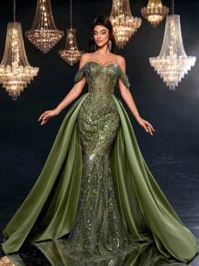 Glamrae Elegant Luxurious Beaded & Sequin Floral Patchwork Satin Mermaid Maxi Skirt With Detachable Overskirt & Train, Suitable For Wedding, Party, Vacation, Prom, Evening Gown (Heavy Embellished) - Green - View 3