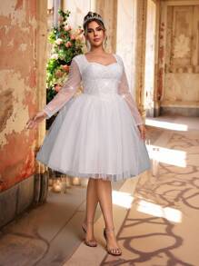 SHEIN Belle Plus Size Summer And Autumn Elegant Romantic Gorgeous White Sequins Embroidery Splicing Mesh Sweetheart Neck See-Through Long Sleeves Splicing Puffy Skirt Suitable For Dinner Bachelorette Party Dating Dance Vacation Graduation Season Homecoming Season Birthday Wedding Event Bride Gift Dress Guest Dress All White Party Outfit Women
