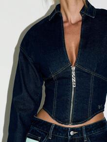 KIZN Denim Zip Front Cropped Jacket High Fashion Corset Style Y2K Retro 90s Dark Wash Long Sleeve Winter Fall Statement Piece Structured Streetwear - Dark Wash - View 6
