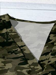 SHEIN LUNE 休闲简约橄榄绿迷彩全印花女式衬衫，适合夏季至初秋