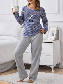 EURMUSE 女士两件套罗纹针织条纹可爱兔耳刺绣细节长袖衬衫和家居服睡衣套装 - 紫色 - 查看 1