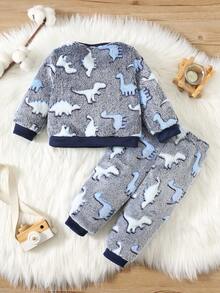 SHEIN Baby Boy Cute Dinosaur Pattern Crew Neck Long Sleeve & Long Pants Soft Flannel Pajama Set, Autumn/Winter Fall - Multicolor - View 2