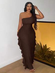 Slaydiva Slayr Elegant Romantic Plus Size Women Comfortable Elastic Textured Fabric One Shoulder Ruffle Patchwork Bodycon Dress - B - Brown - View 5