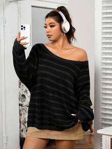 SHEIN EZwear 大码条纹插肩长袖休闲毛衣，秋冬