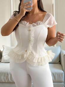 Vionelle Áo cánh viền bèo nhún thanh lịch mùa hè cỡ lớn cho nữ - Màu be - Xem 6