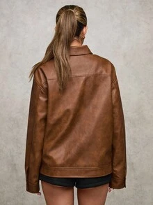 SHEIN BAE 女士纯色拉链休闲百搭长袖夹克棕色仿皮斑驳纹理腰带下摆机车夹克复古做旧皮革冬季女式夹克感恩节女式冬季女式外套圣诞节女式圣诞冬季夹克 - 鏽棕色 - 查看 2