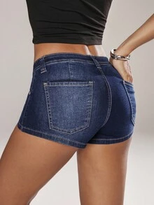 Jeanoix Women's Pocket Skinny Low Waist Mini Denim Shorts - Dark Wash - View 2