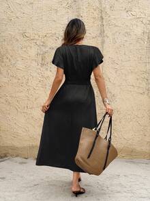 SHEIN Frenchy Women's Solid Color Round Neck Ruffle Short Sleeve Waist Pleated Casual Mid-Length Dress, Summer Black Casual Black Beach - Black - View 2