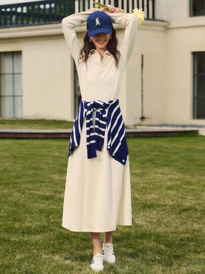 Briarwyn 女士休闲纯色 Polo 领长袖连衣裙，春秋装，秋季服装，返校服装，复古风格女装，女士教师服装，返校节礼服