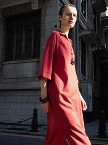 Lumivelle 女士宽松亚麻V领长连衣裙，夏季新款美拉德印花连衣裙，棕色系夏季大学校园服装 - 鏽棕色 - 查看 6