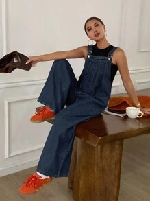 DAZY 女式休闲宽松褶皱口袋阔腿牛仔连体裤