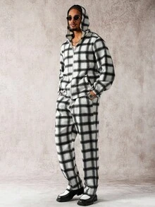Manfinity Homme Men's Plaid Zip Collar Hoodie And Pants Casual Tracksuit Set - Multicolor - View 6
