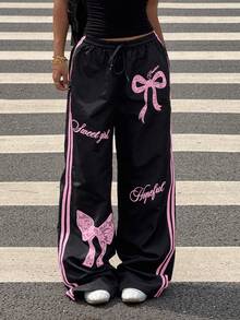 Muchica Y2k Bottoms Woven Black Pants With Pink Bow Print Wide Leg Trousers,Fall