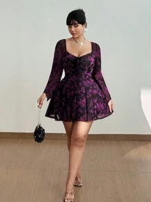 Viva Relle 大码女式花卉印花植绒 V 领喇叭袖荷叶边下摆迷你连衣裙，适合秋季、冬季、机场旅行、派对、正式、性感、露背、复活节、浪漫 - 彩色 - 查看 6