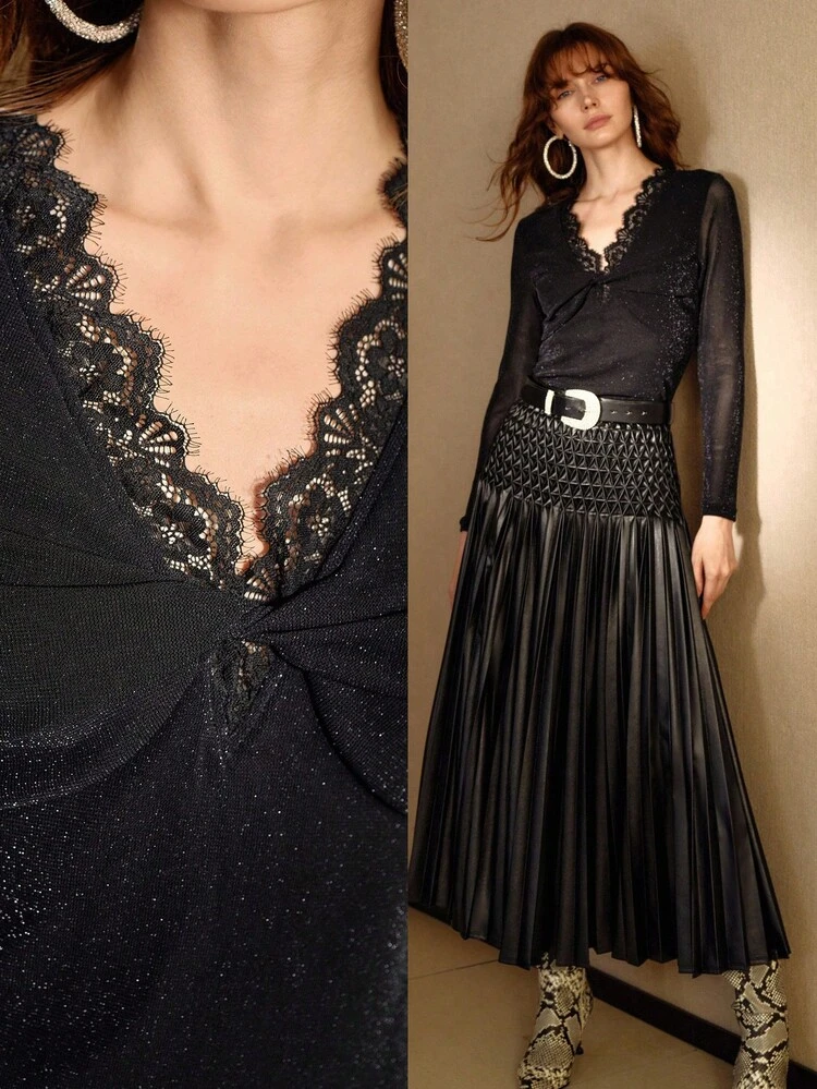 WOMEN GLITTER SPLICE LACE TRIM V-NECK TWIST BUST SLIM FIT T-SHIRT