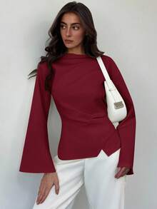 Aloruh Women's Boat Neck Flare Sleeve Cropped Ruched Office Blouse,Fall Tops,Elegant Women's Blouses - Burgundy - View 1