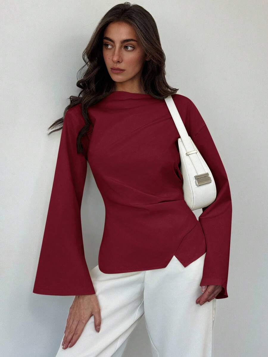 Aloruh Women's Boat Neck Flare Sleeve Cropped Ruched Office Blouse,Fall Tops,Elegant Women's Blouses - Burgundy - View 1