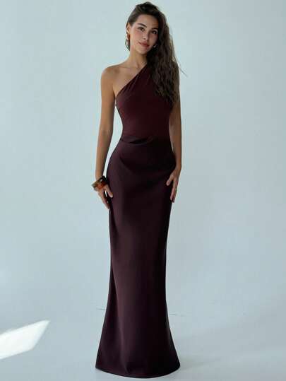 Aloruh Women's Elegant Sleeveless Pleated Off The Shoulder Fitted Burgundy Dress,Summer Wedding Guest Party Dress For Dining,Bridal Shower Bridesmaid Event