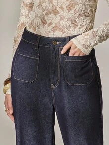 Aralina Summer Fall Winter Y2K Western Stockholm Style Indigo Denim Patch Pocket Flare Leg Country Concert Jeans - Dark Wash - View 5