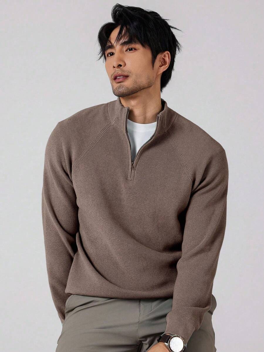 Manfinity Mode Casual Fashion Versatile Solid Color Loose Fit Long Sleeve Men Sweater Men Quarter Zip Sweater Men Mock Neck Sweater Men Brown Sweater , Fall Winter