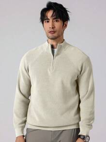 Manfinity Homme Casual Fashion Versatile Solid Color Loose Fit Long Sleeve Men Sweater Quarter Zip Sweater Men Mock Neck , Fall Winter - Apricot - View 6